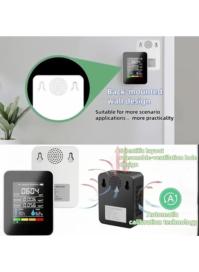 Black 5 In 1 Air Quality Monitor CO2 Humidity Temperature Formaldehyde TVOC LCD Display USB Rechargeable - Image 4